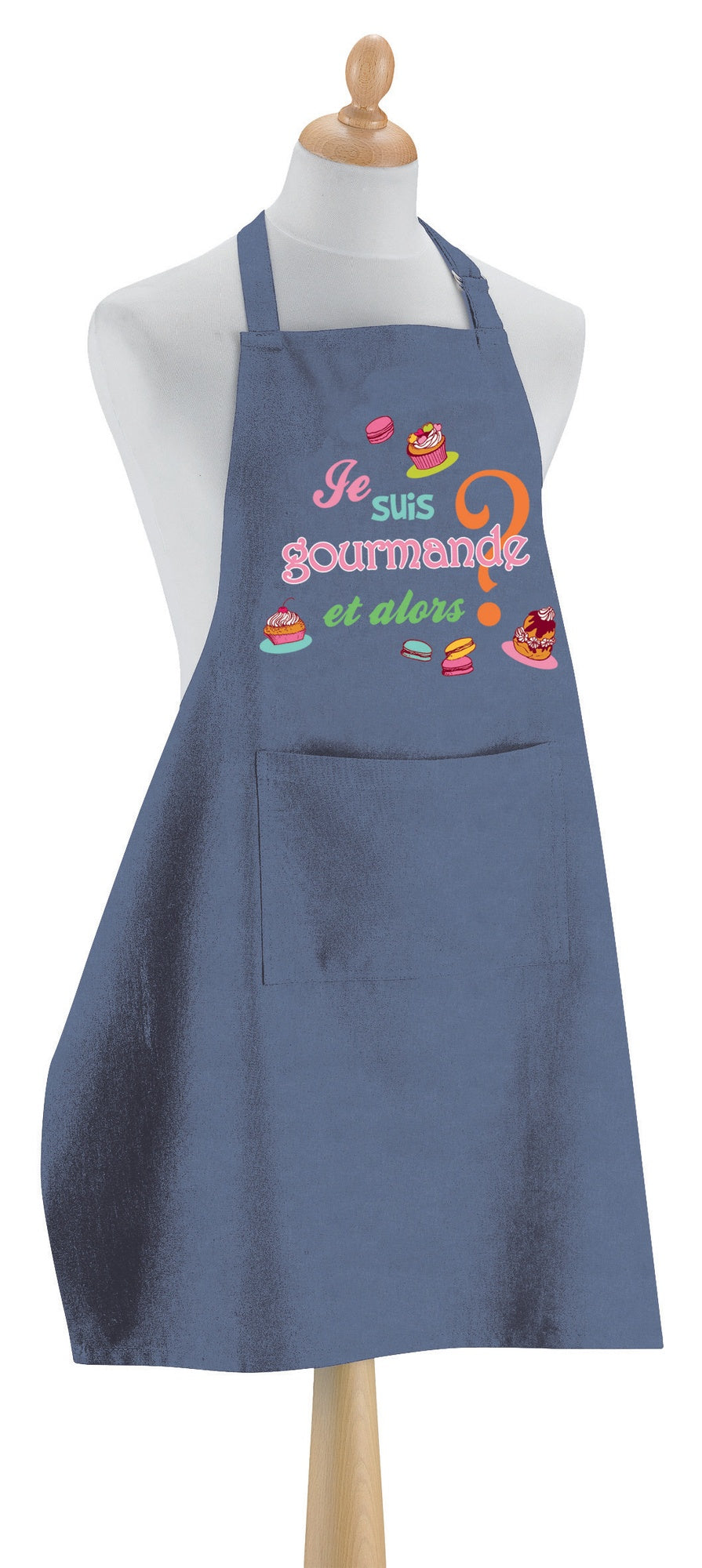 tablier de cuisine je suis gourmande jeans, colore jeans, taglia 90 x 72. grembiule su sfondo neutro per una visione chiara del prodotto