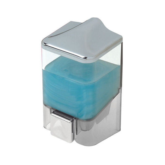 dispenser per sapone liquido 0,5 lt trasparente e cromo, accessorio da bagno visto frontalmente