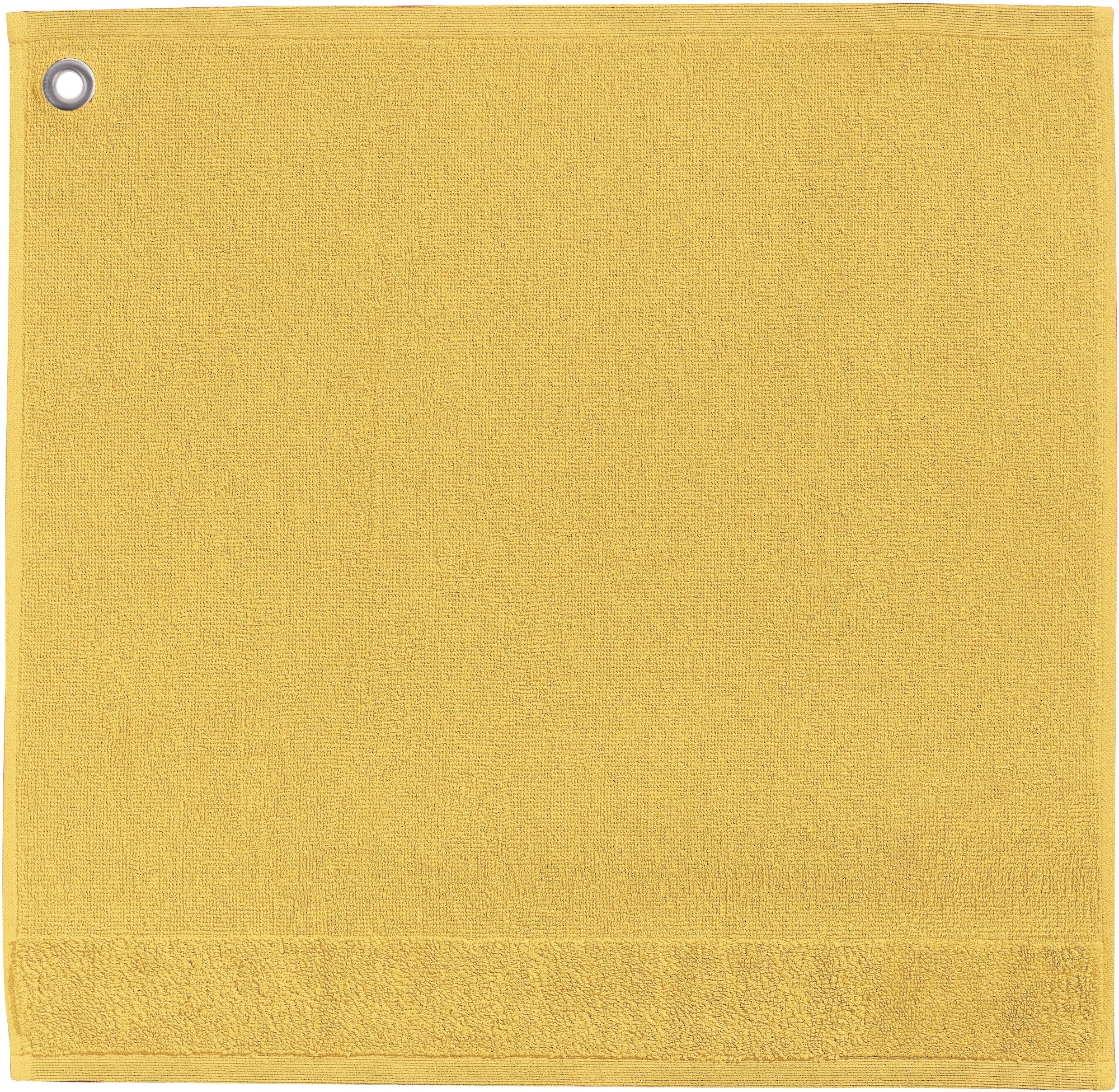 asciugamano con occhiello curl sole, colore sole, taglia 50 x 50. asciugamano piegato su sfondo neutro per una visione pulita del prodotto
