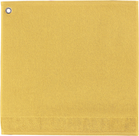 asciugamano con occhiello curl sole, colore sole, taglia 50 x 50. asciugamano piegato su sfondo neutro per una visione pulita del prodotto