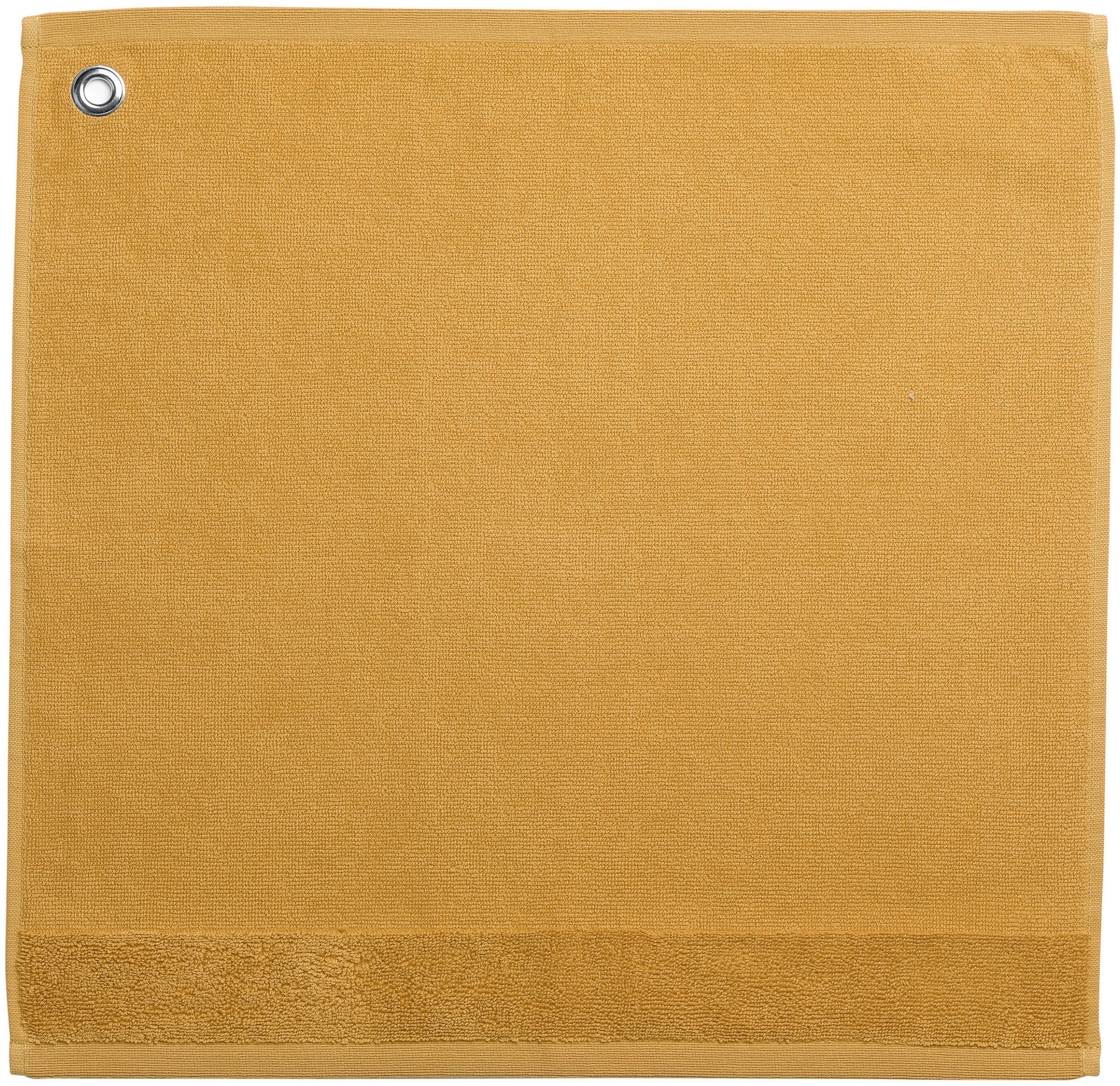 asciugamano con occhiello curl curry, colore curry, taglia 50 x 50. asciugamano piegato su sfondo neutro per una visione pulita del prodotto