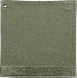 asciugamano con occhiello curl matcha, colore matcha, taglia 50 x 50. asciugamano piegato su sfondo neutro per una visione pulita del prodotto