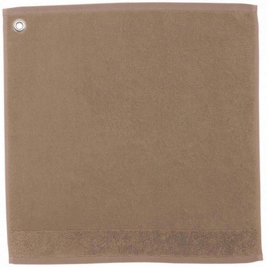 asciugamano con occhiello curl tabacco, colore tabacco, taglia 50 x 50. asciugamano piegato su sfondo neutro per una visione pulita del prodotto