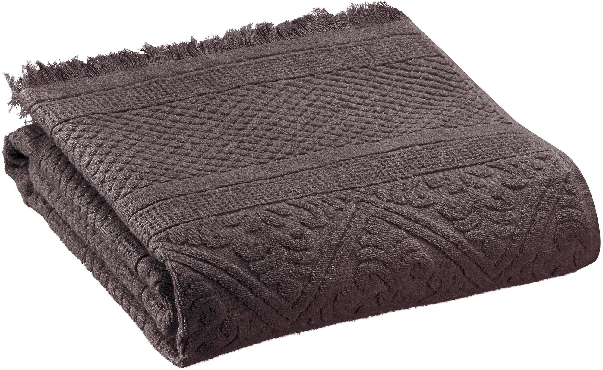 asciugamano da doccia zoe ebano, colore ebano, taglia 70 x 140. asciugamano piegato su sfondo neutro per una visione pulita del prodotto