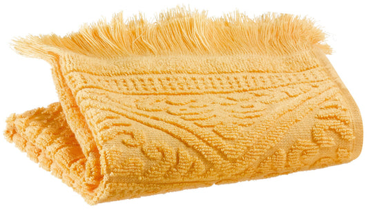 asciugamano ospite zoe mimosa, colore mimosa, taglia 30 x 50. asciugamano ospite piegato elegantemente su fondo neutro