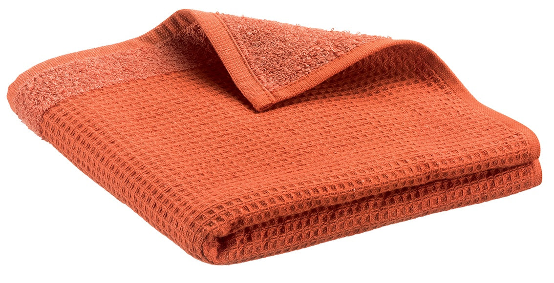 asciugamano ospite riciclato abby marmellata, colore marmellata, taglia 30 x 50. asciugamano ospite piegato elegantemente su fondo neutro