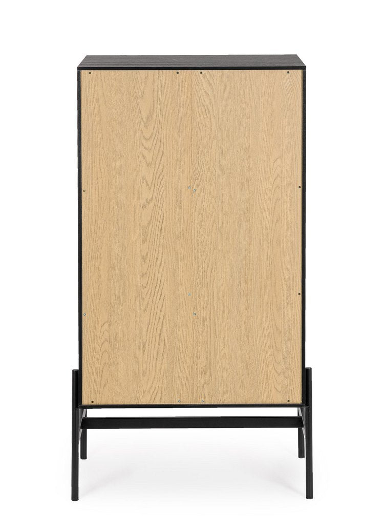 cassettiera allycia in legno di frassino nero e naturale, 64x40x115,5 cm, vista ambientata accanto a letto o armadio