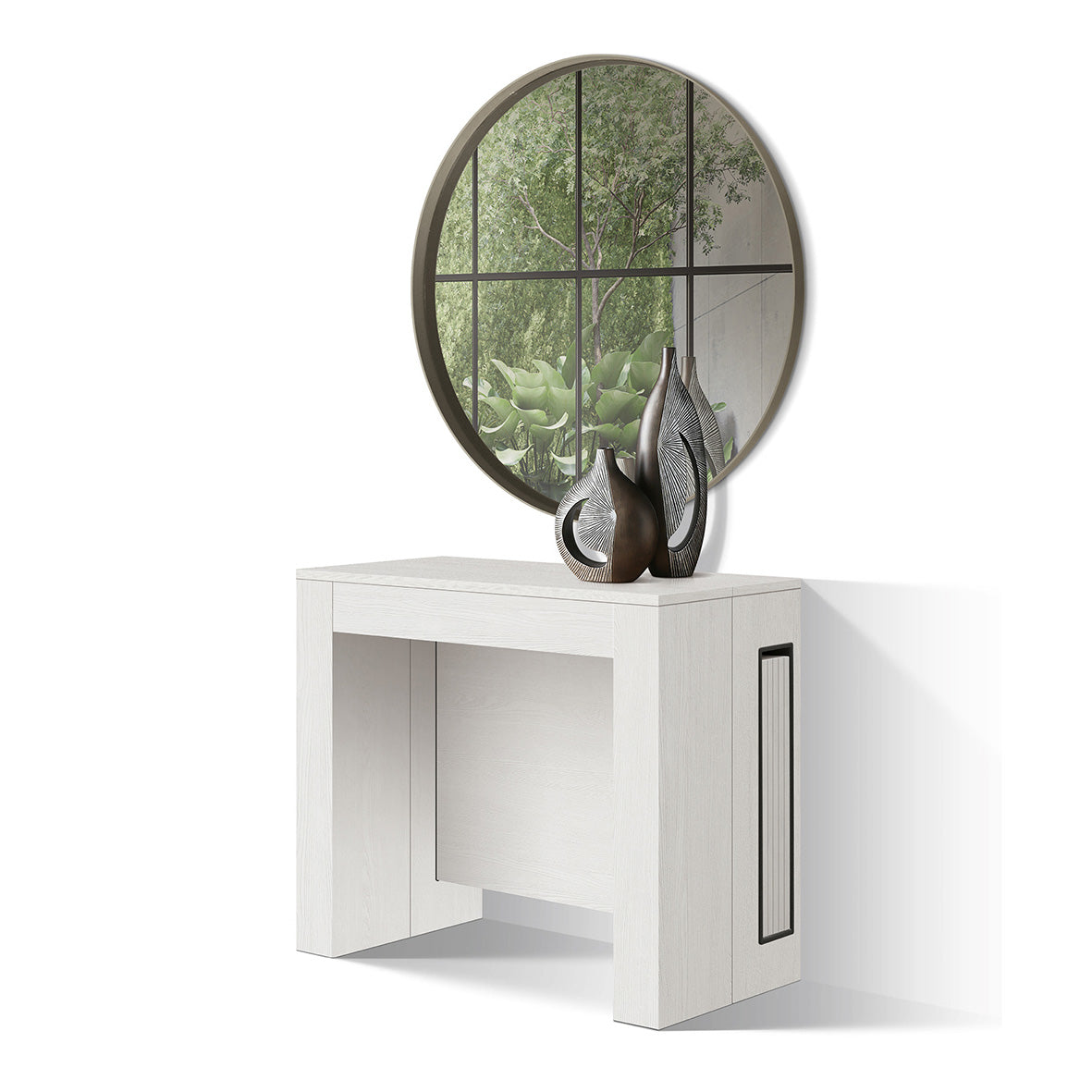 consolle gaiole in legno, finitura bianco frassinato 90×45 cm allungabile a 90×295 cm, consolle allungabile vista frontale,...