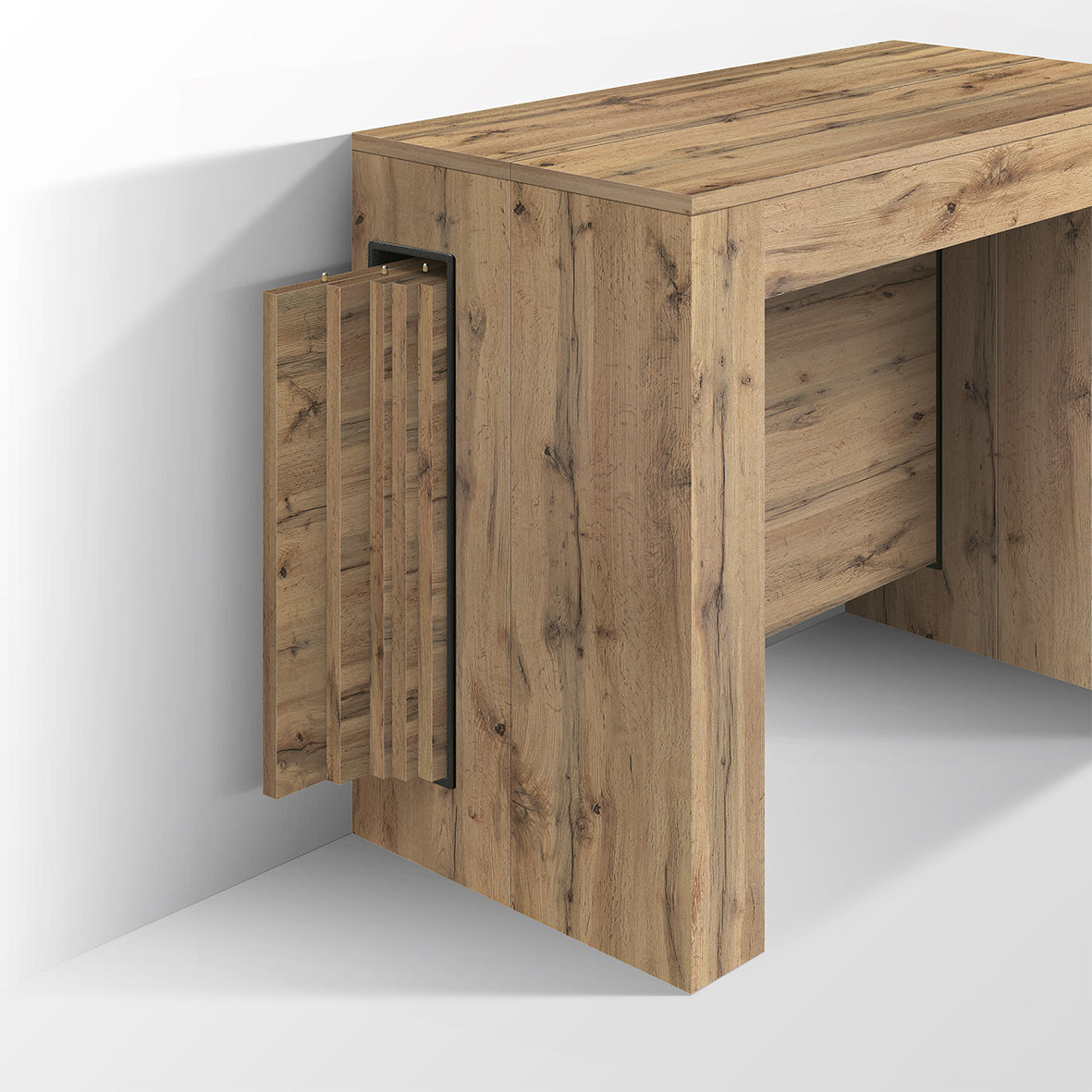 consolle gaiole in legno, finitura rovere rustico 90×45 cm allungabile a 90×295 cm, consolle aperta mostrata in ambiente...