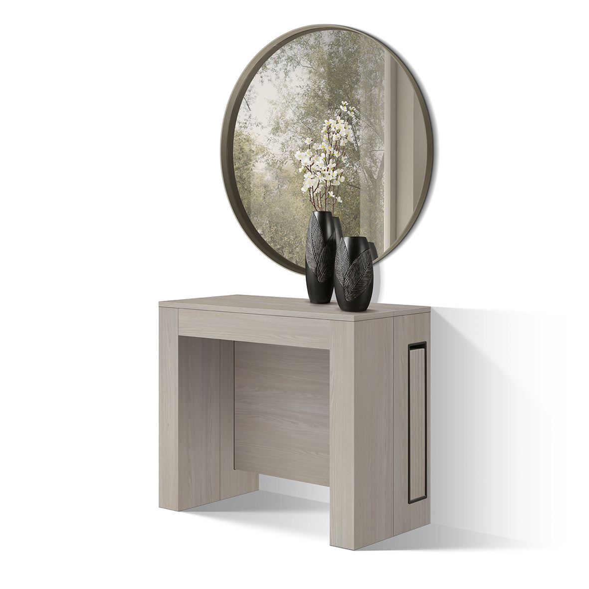 consolle gaiole in legno, finitura olmo perla 90×45 cm allungabile a 90×295 cm, consolle allungabile vista frontale,...