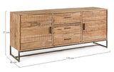 credenza elmer in legno di acacia e base acciaio antracite, 175x45x77 cm, dettaglio dei pomelli, cassetti e superfici...