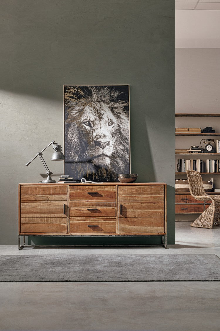 credenza elmer in legno di acacia e base acciaio antracite, 175x45x77 cm, particolare delle venature del legno e delle...