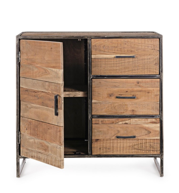 credenza elmer in legno di acacia e acciaio, 90x40x90 cm, vista laterale per evidenziare profondità e proporzioni