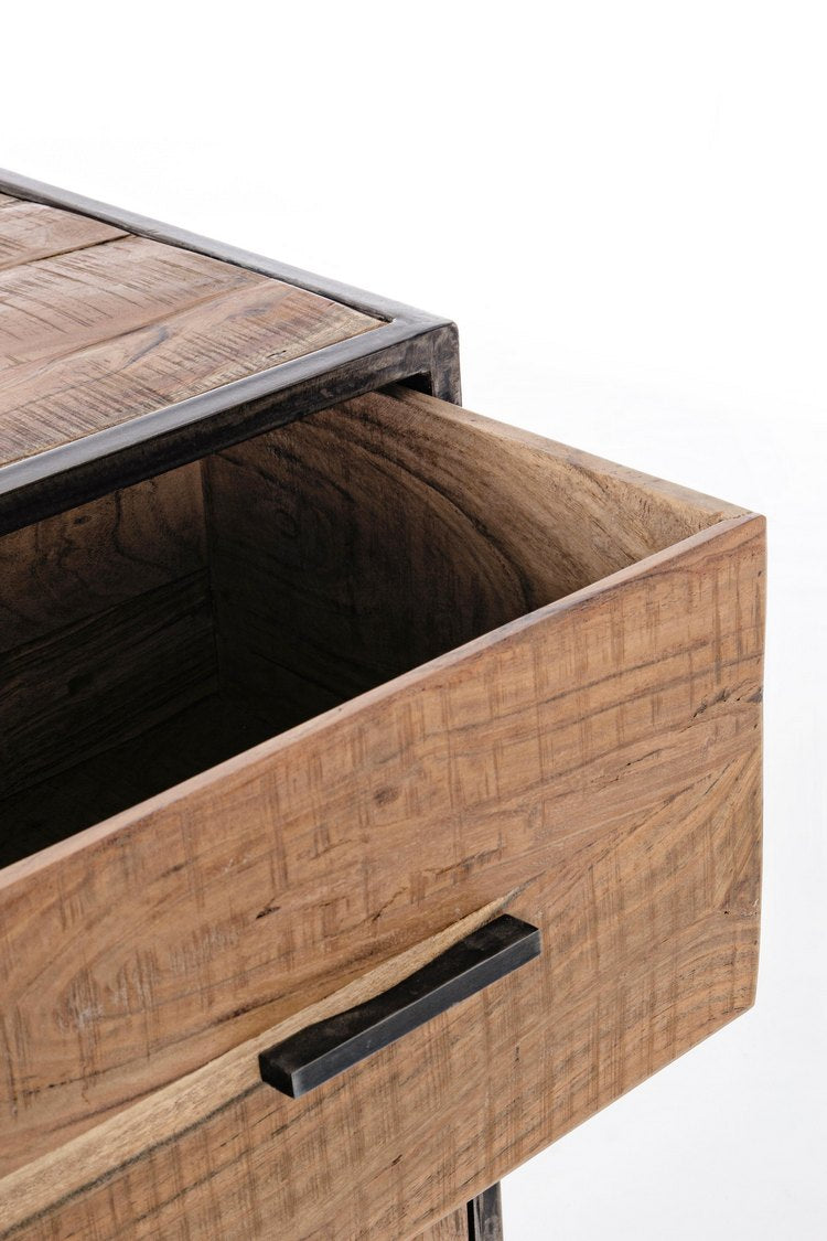 credenza elmer in legno di acacia e acciaio, 90x40x90 cm, dettaglio dei pomelli, cassetti e superfici lavorate