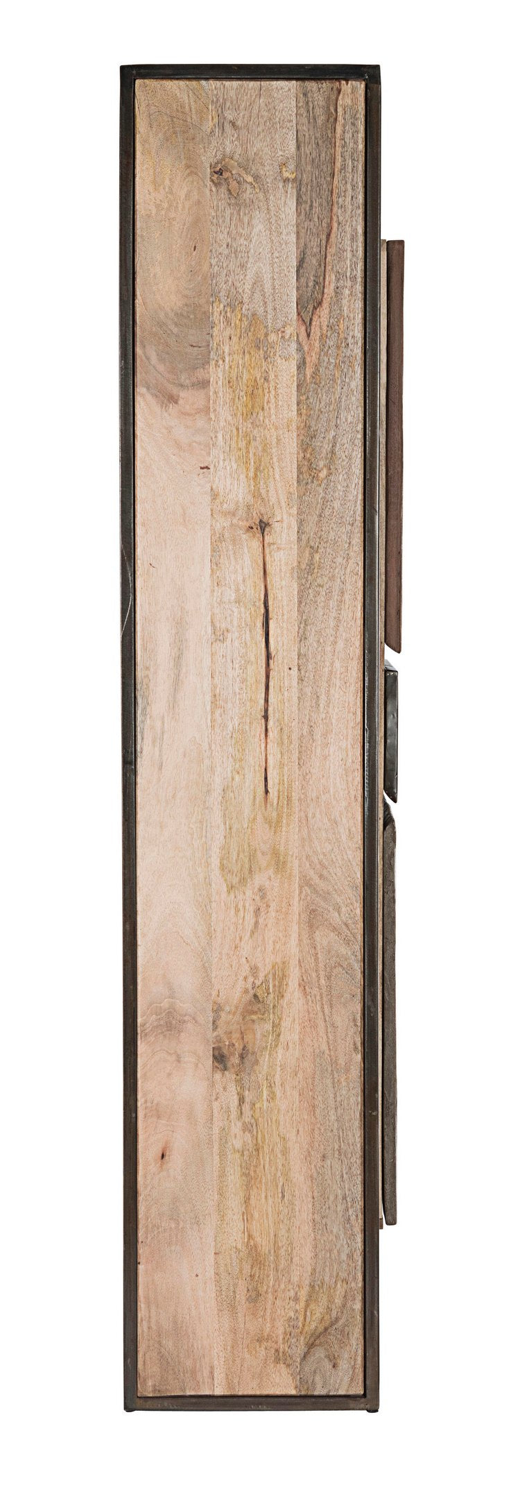 credenza manchester in legno di mango e acciaio nero, 118x38x180 cm, vista laterale per evidenziare profondità e proporzioni