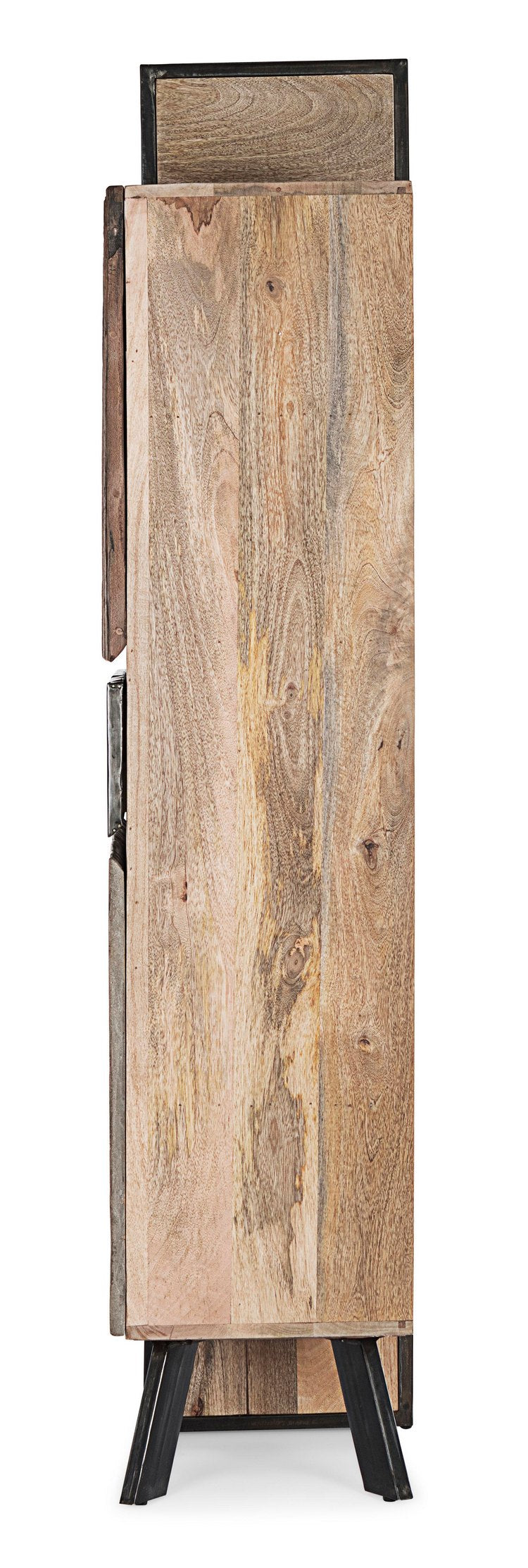 credenza manchester in legno di mango e acciaio nero, 118x38x180 cm, dettaglio dei pomelli, cassetti e superfici lavorate