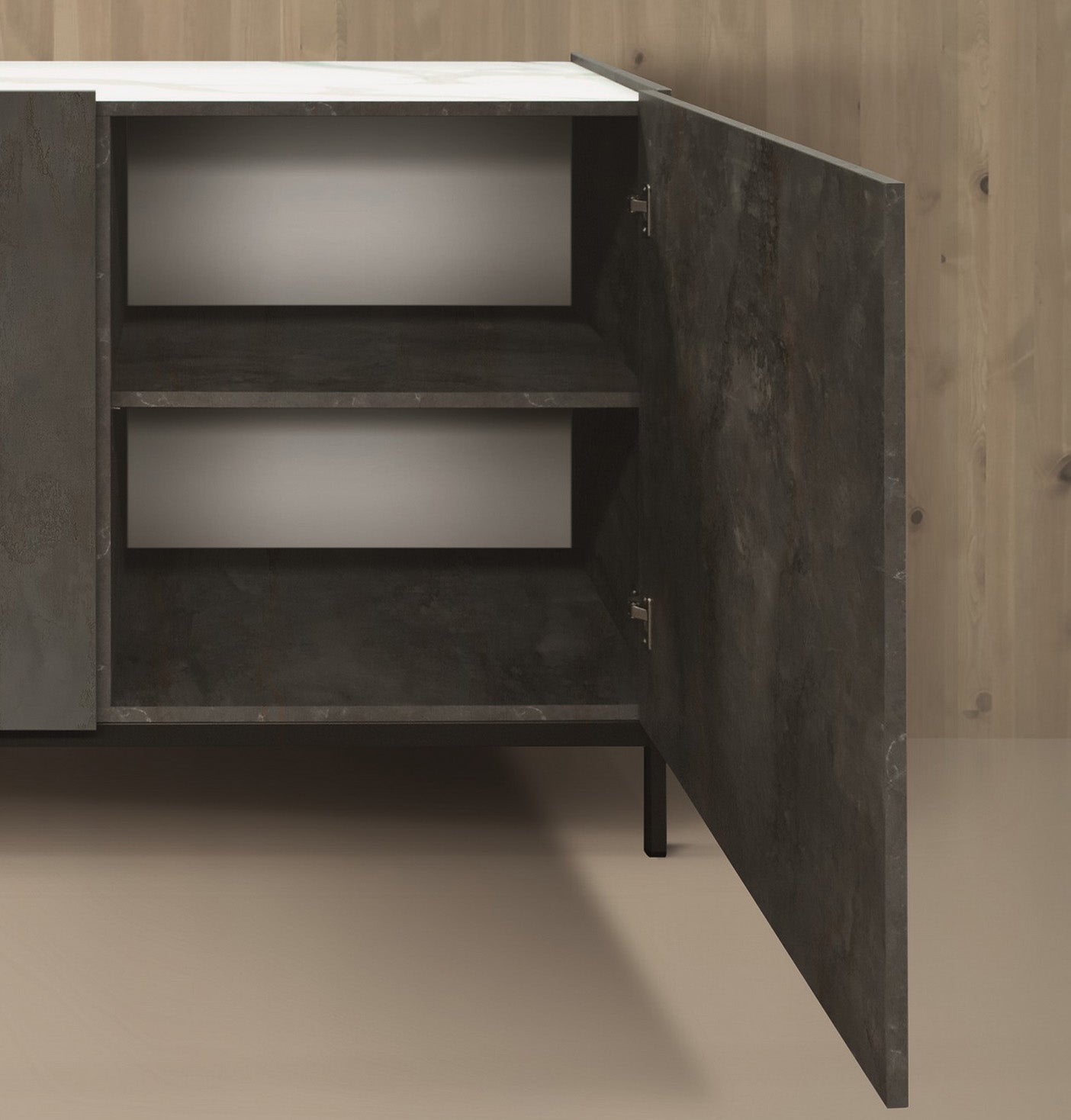 credenza pietrasanta in legno, finitura in acciaio ossidato, piano effetto marmo statuario, 200×50 cm, dettaglio delle ante...