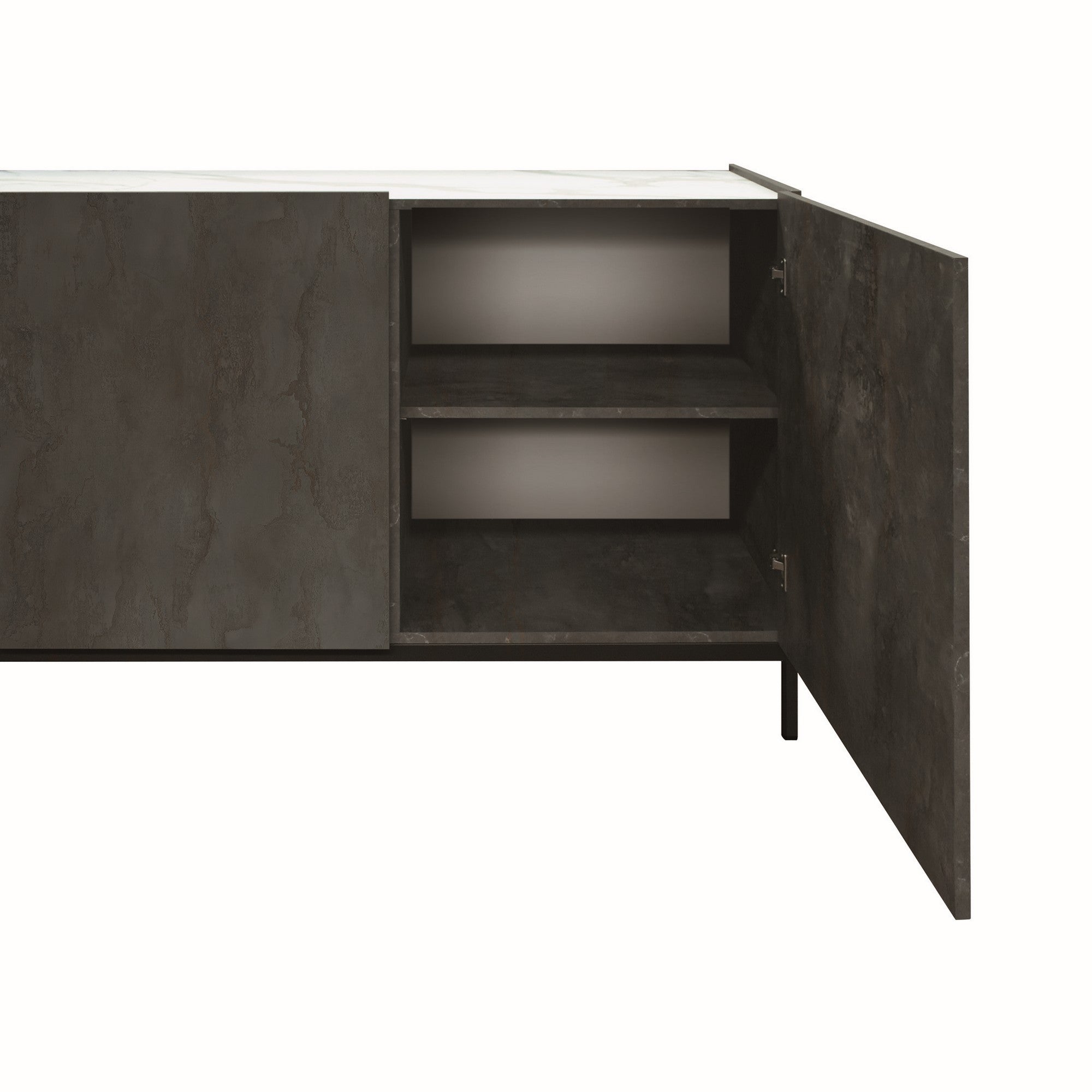 credenza pietrasanta in legno, finitura in acciaio ossidato, piano effetto marmo statuario, 200×50 cm, dettaglio delle ante...