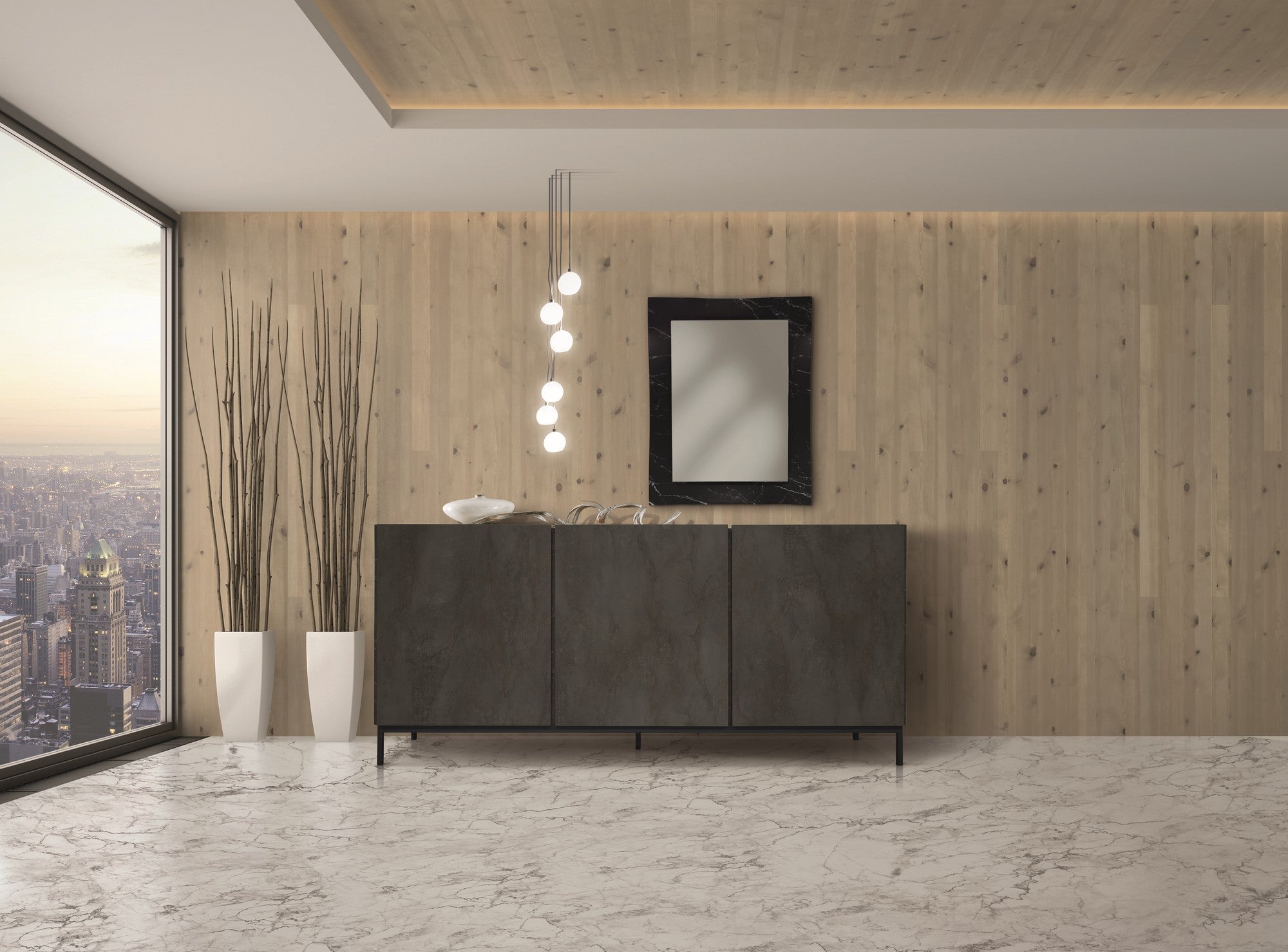 credenza pietrasanta in legno, finitura in acciaio ossidato, piano effetto marmo statuario, 200×50 cm, credenza posizionata...