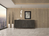 credenza pietrasanta in legno, finitura in acciaio ossidato, piano effetto marmo statuario, 200×50 cm, credenza posizionata...