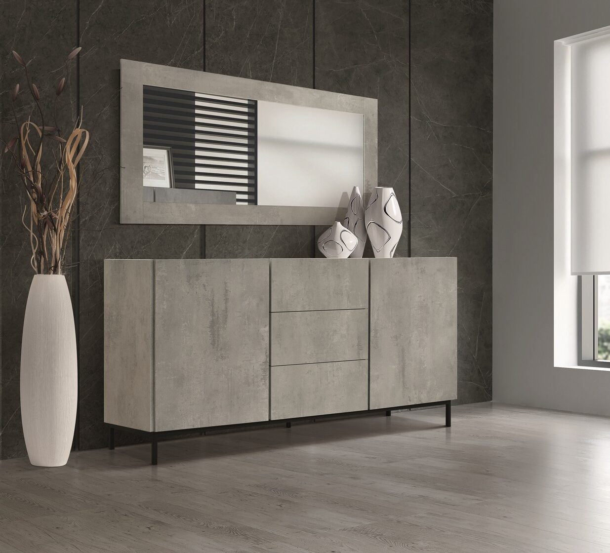 credenza pietrasanta in legno, finitura in grigio cemento, piano effetto marmo statuario, 200×50 cm, credenza in legno vista...
