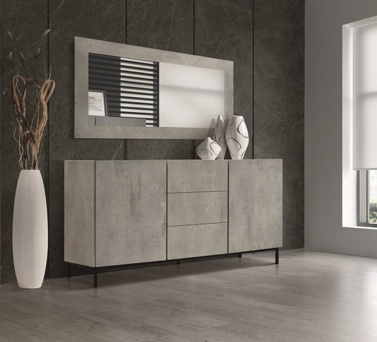 credenza pietrasanta in legno, finitura in grigio cemento, piano effetto marmo statuario, 200×50 cm, credenza in legno vista...