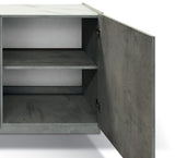 credenza favignana in legno, finitura in grigio cemento, piano effetto marmo statuario, 200×50 cm, dettaglio dei pomelli,...