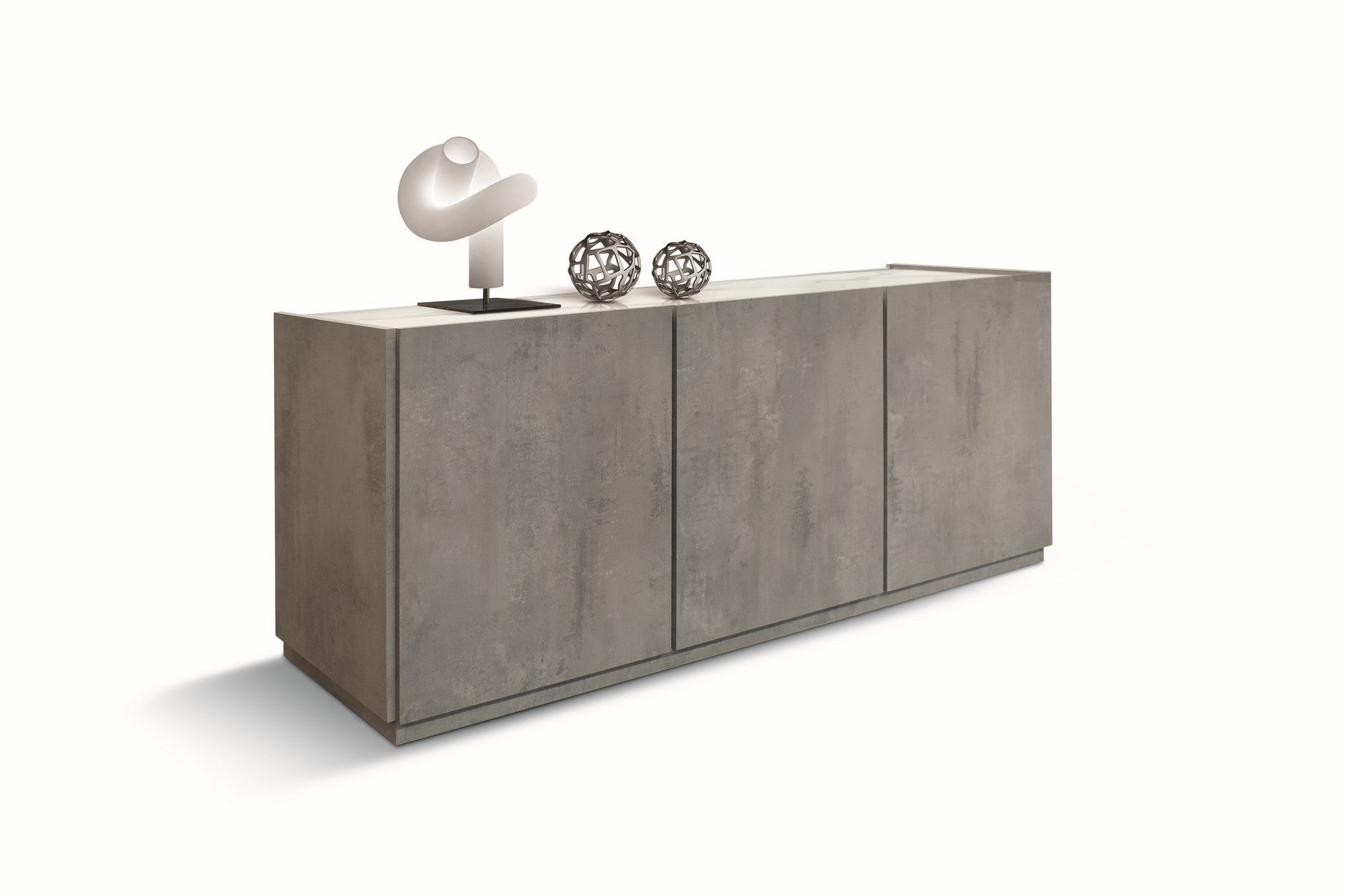 credenza favignana in legno, finitura in grigio cemento, piano effetto marmo statuario, 200×50 cm, credenza in legno vista...