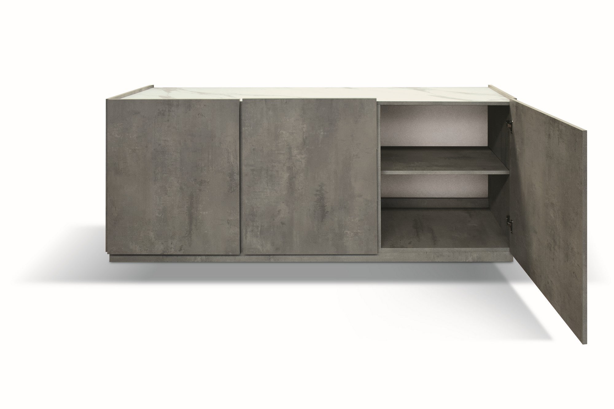 credenza favignana in legno, finitura in grigio cemento, piano effetto marmo statuario, 200×50 cm, credenza posizionata in...