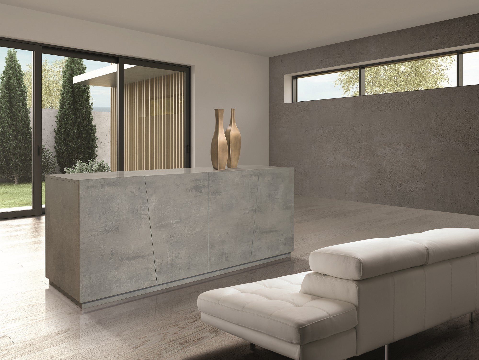 credenza gorgona in legno, finitura in grigio cemento, 180×50 cm, dettaglio delle ante in legno e finitura naturale