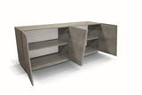 credenza gorgona in legno, finitura in grigio cemento, 180×50 cm, credenza posizionata in ambiente living moderno