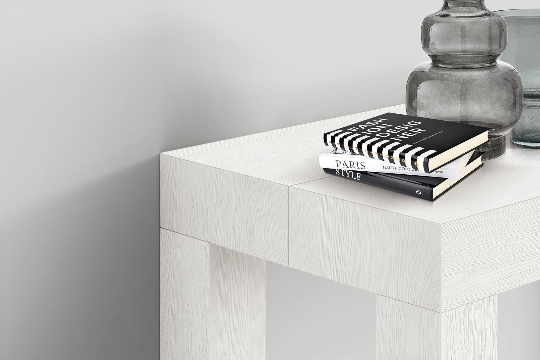 consolle allungabile viareggio effetto bianco frassinato 90×45 cm – 90×300, dettaglio della struttura e finitura in legno...