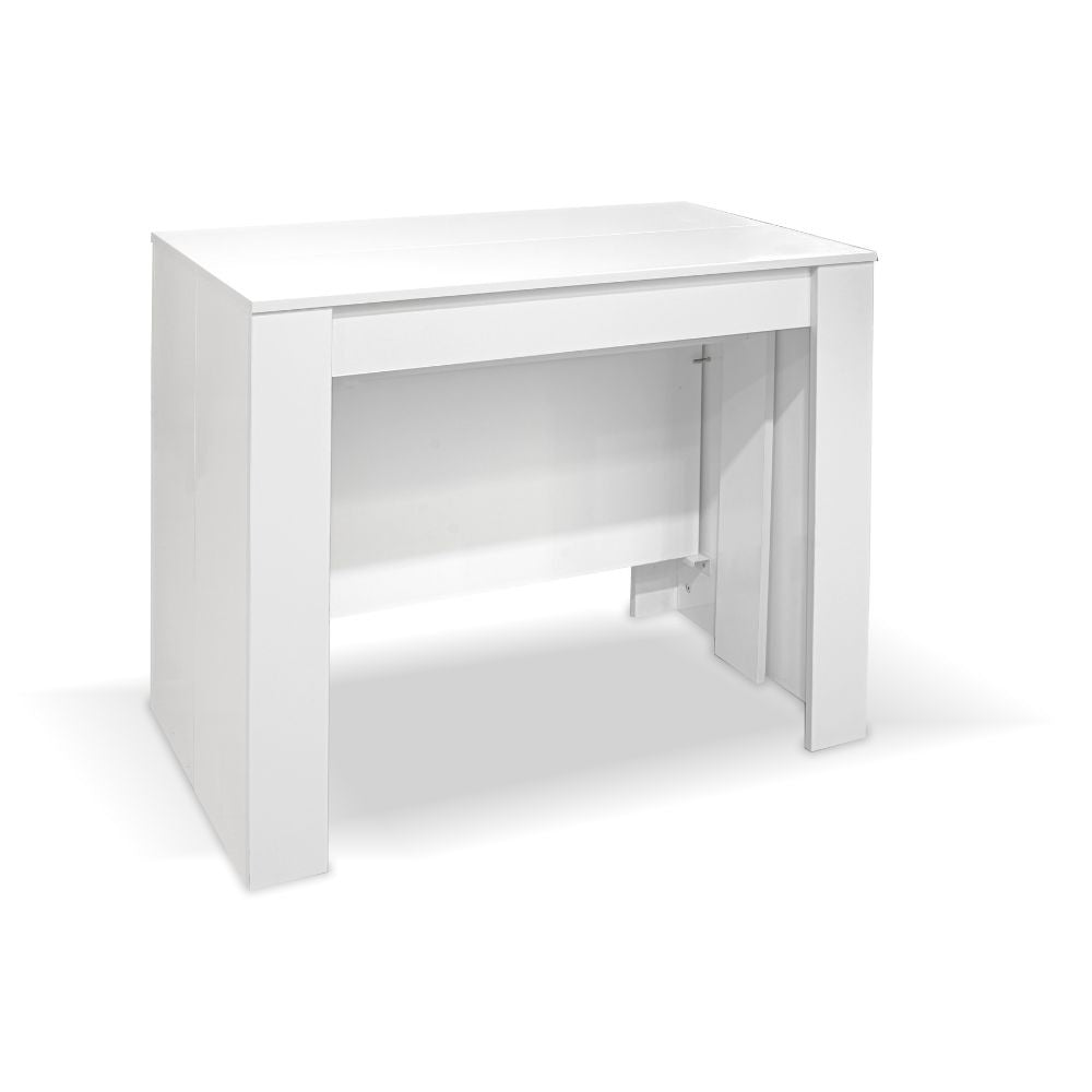 consolle allungabile ofelia colore bianco effetto lucido, dettaglio della struttura e finitura in legno naturale