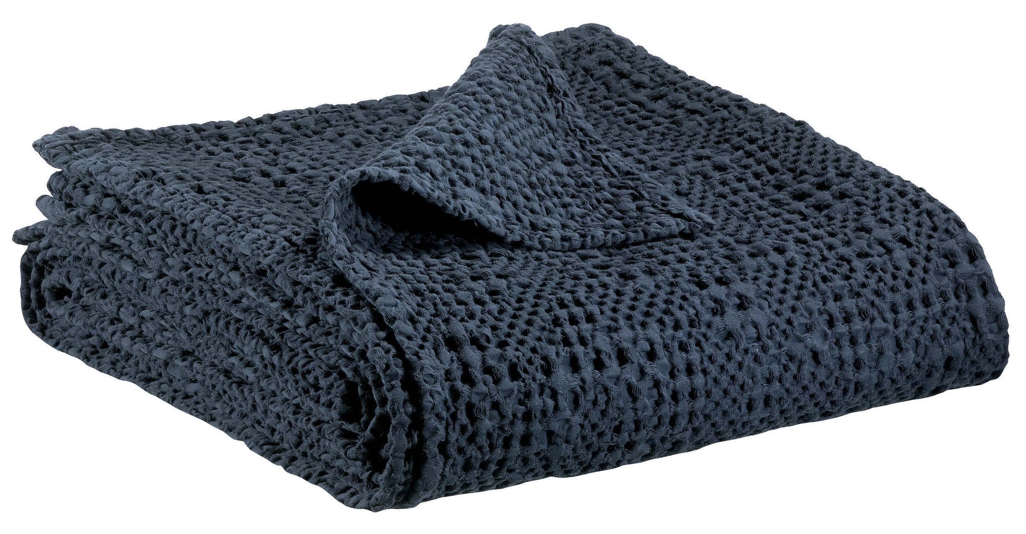 plaid tana cobalto, colore cobalto, taglia 140 x 200. vista frontale della coperta piegata su sfondo bianco