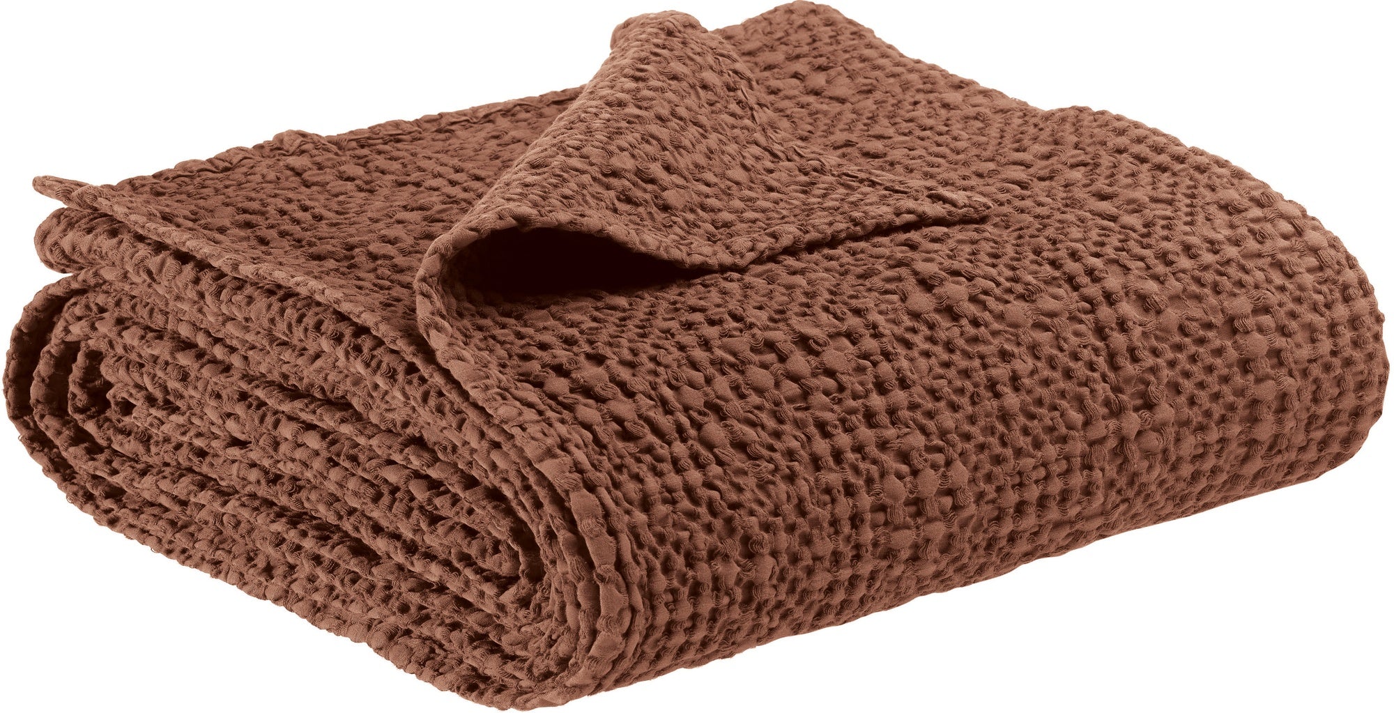 plaid tana tabacco, colore tabacco, taglia 140 x 200. vista frontale della coperta piegata su sfondo bianco