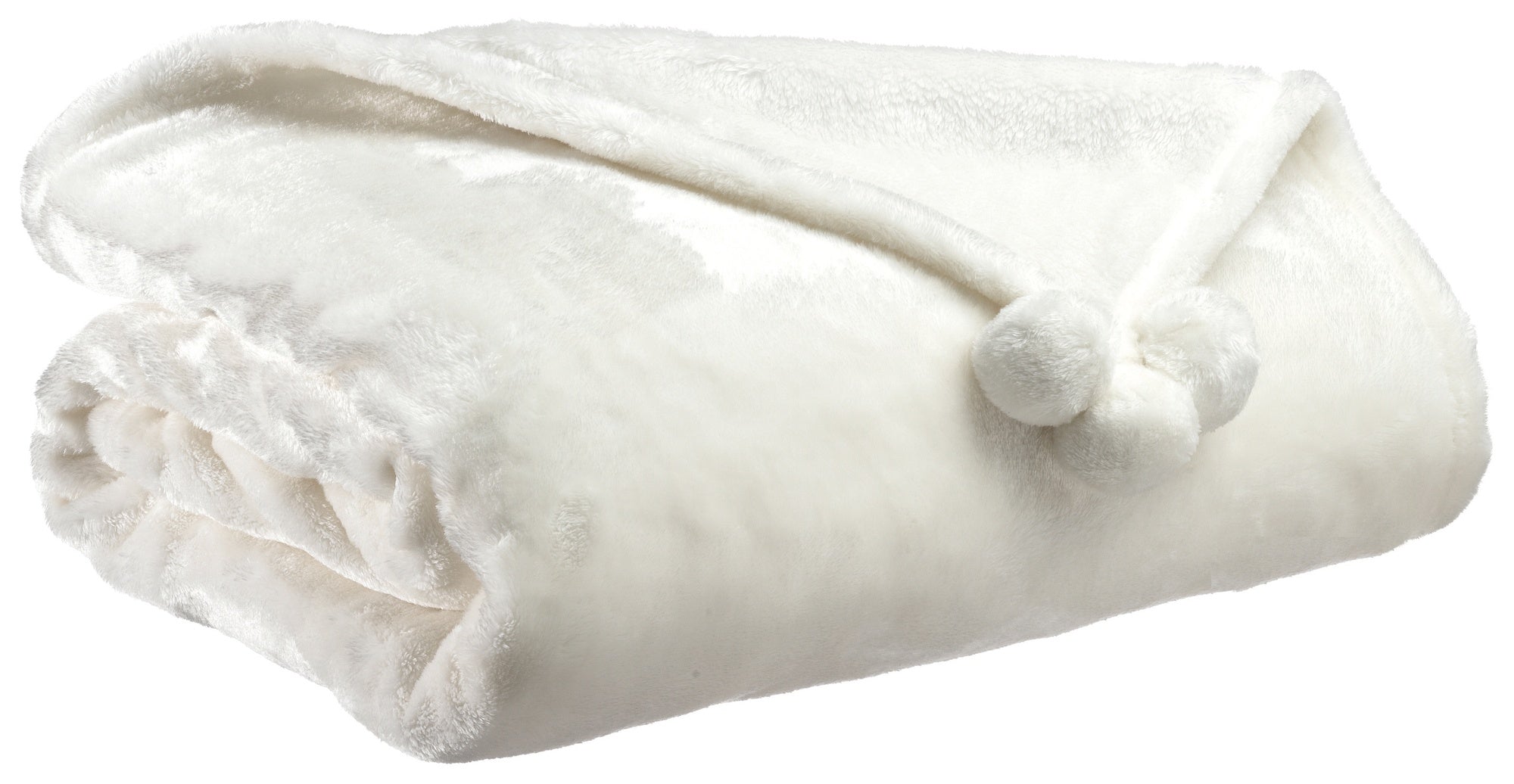 plaid tender pompons neve, colore neve, taglia 130 x 170. vista frontale della coperta piegata su sfondo bianco