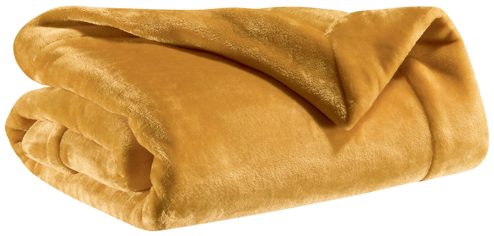 plaid tender ocra, colore ocra, taglia 150 x 200. vista frontale della coperta piegata su sfondo bianco