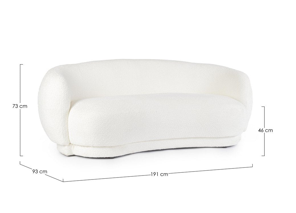 divano tecla in tessuto effetto bouclé bianco, particolare dei cuscini e del rivestimento