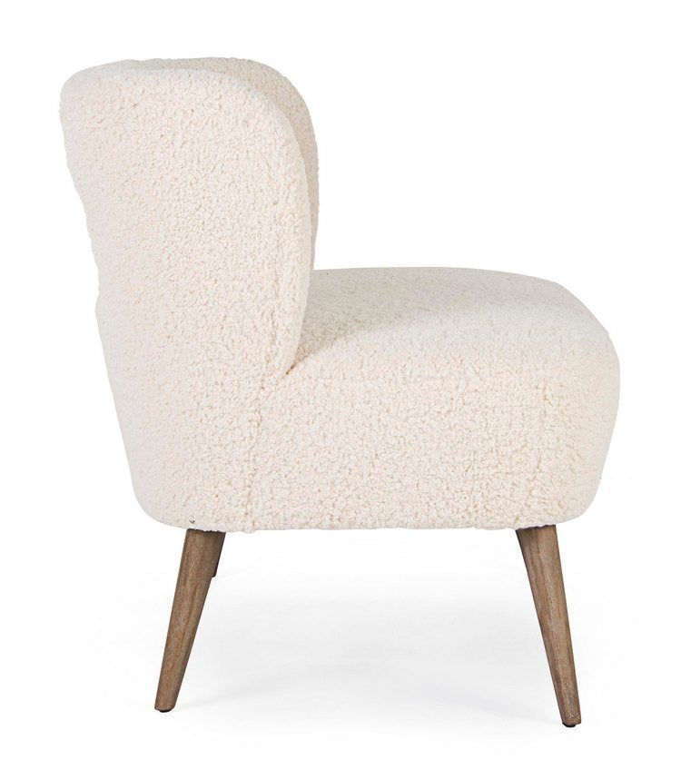 divano cortina in tessuto bianco effetto lana e gambe in legno rubberwood, vista laterale per mostrare profondità e comfort