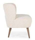 divano cortina in tessuto bianco effetto lana e gambe in legno rubberwood, vista laterale per mostrare profondità e comfort