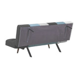 divano letto dube con braccioli pieghevoli in tessuto patchwork, vista laterale per mostrare profondità e comfort