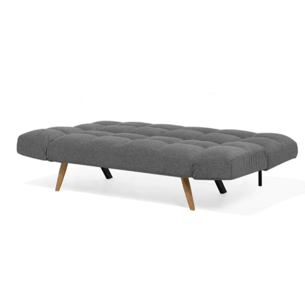 divano letto dube con braccioli pieghevoli in tessuto grigio, divano in ambientazione, perfetto per ispirare l’arredamento del salotto