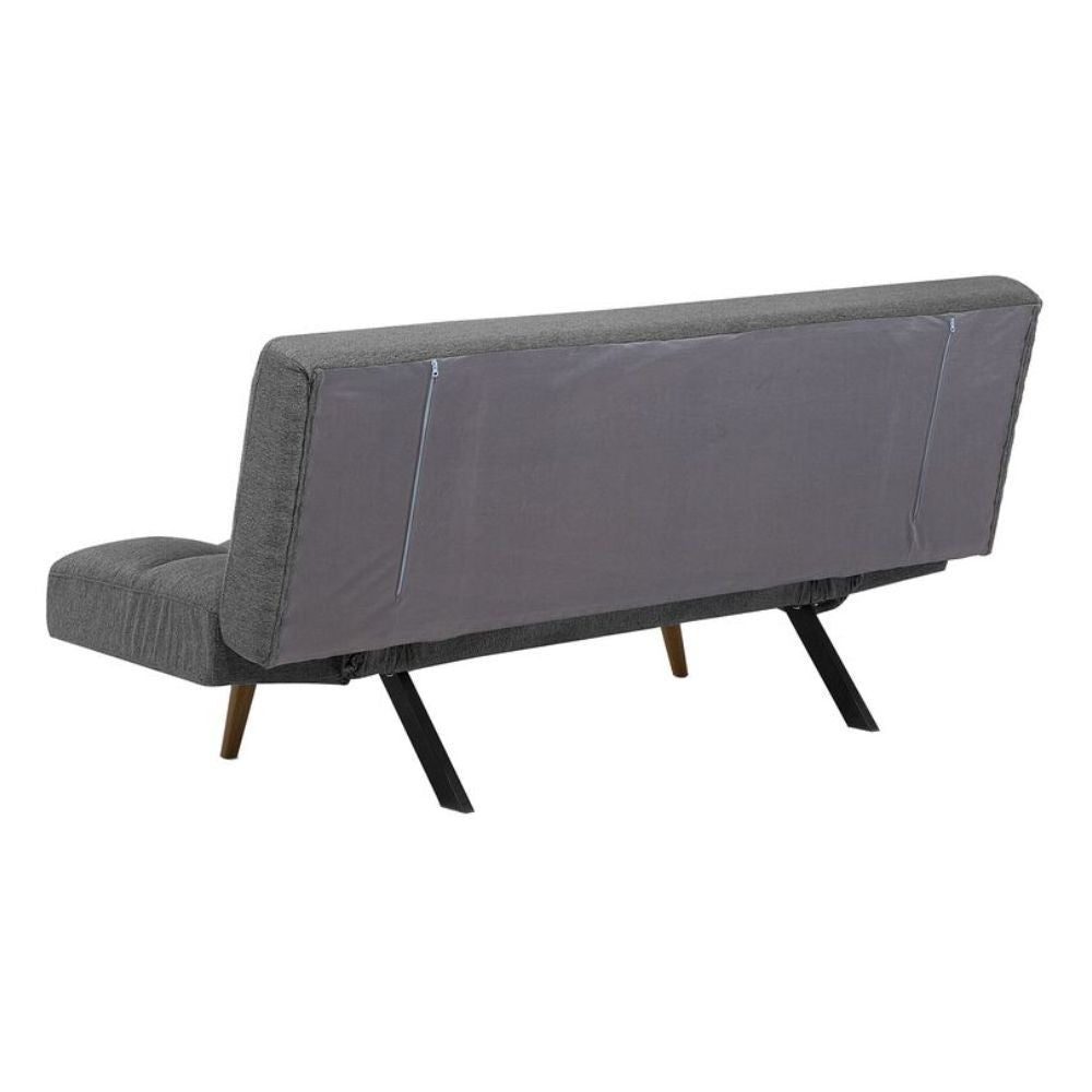 divano letto dube con braccioli pieghevoli in tessuto grigio, vista laterale per mostrare profondità e comfort