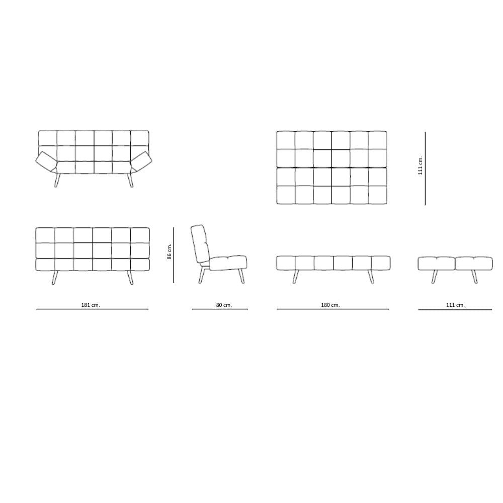 divano letto dube con braccioli pieghevoli in tessuto grigio, particolare dei cuscini e del rivestimento