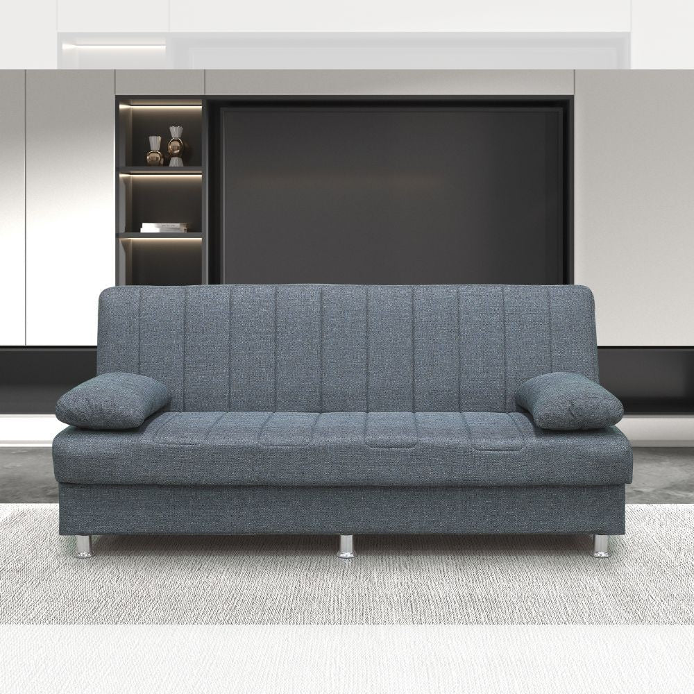 divano letto contenitore economix 3 posti colore grigio mina 11, divano visto frontalmente, ideale per soggiorni moderni e accoglienti