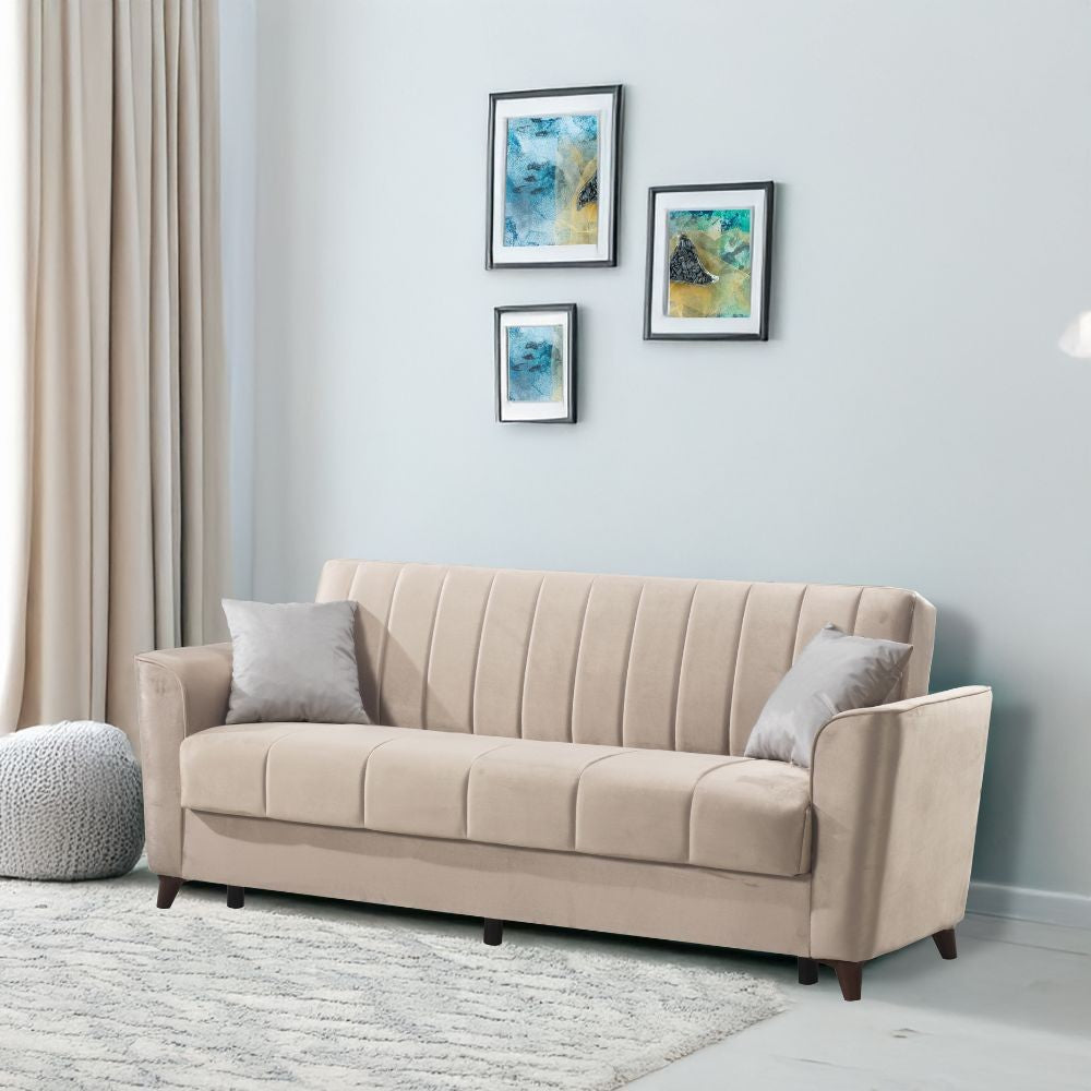 divano letto duca con contenitore in velluto setra crema, divano visto frontalmente, ideale per soggiorni moderni e accoglienti