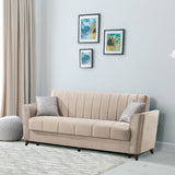 divano letto duca con contenitore in velluto setra crema, divano visto frontalmente, ideale per soggiorni moderni e accoglienti