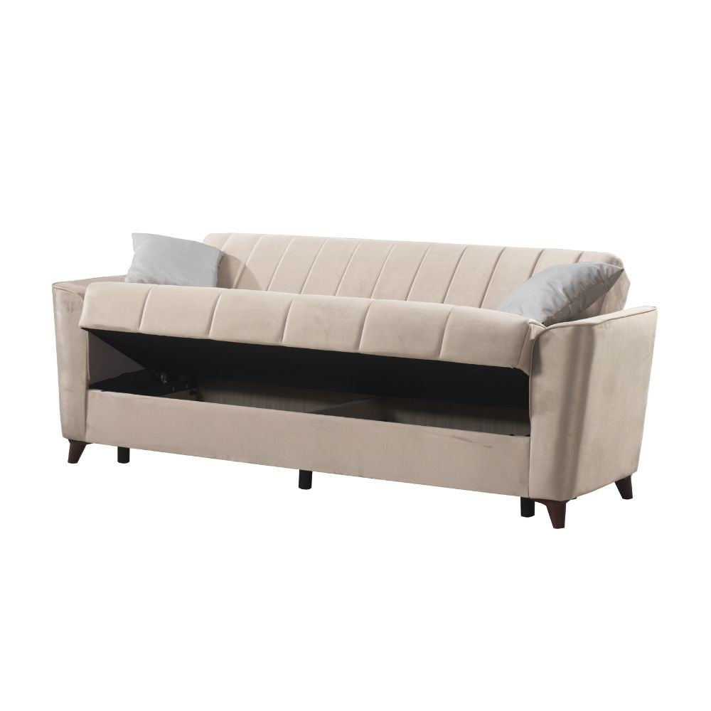 divano letto duca con contenitore in velluto setra crema, dettaglio della struttura e finitura del divano