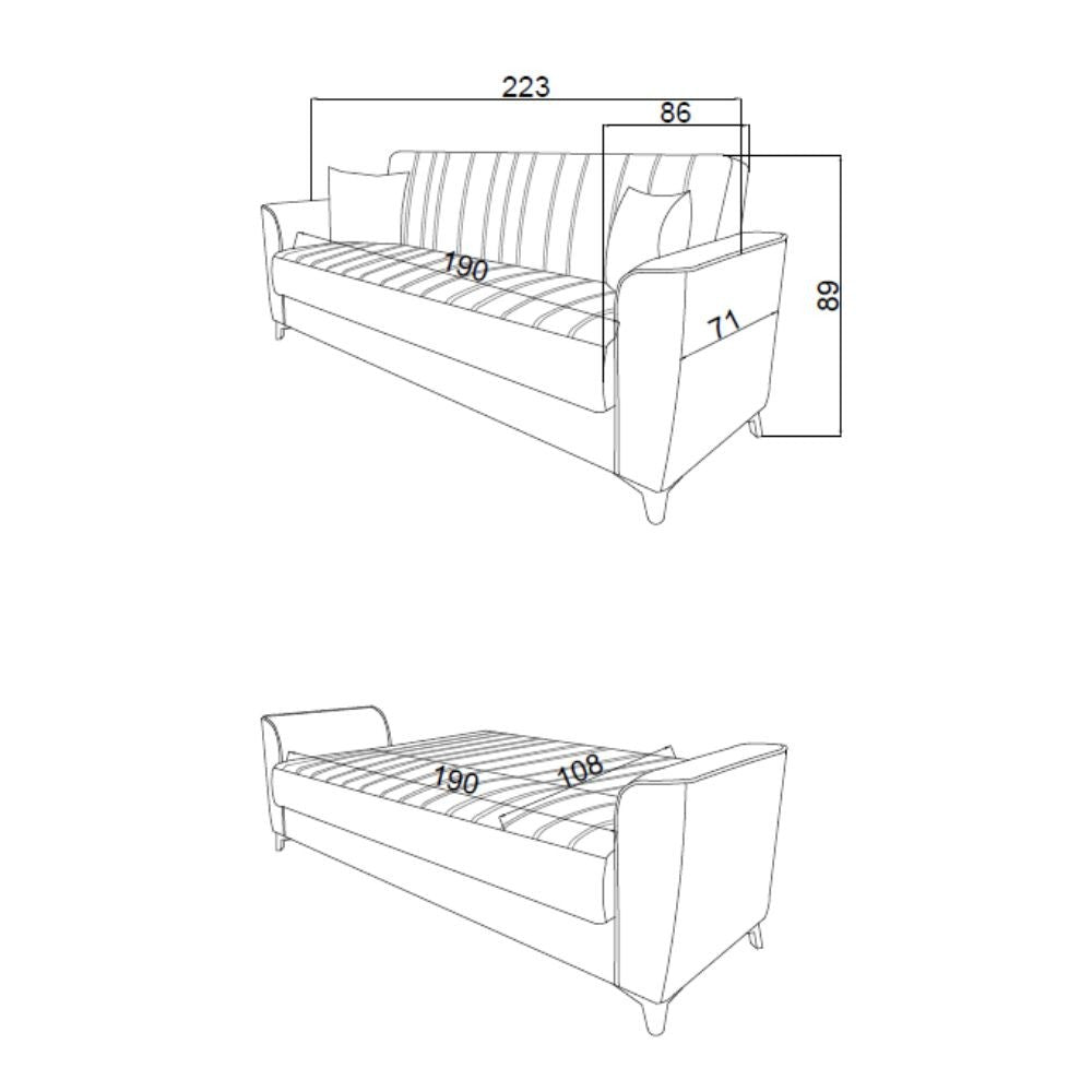 divano letto duca con contenitore in velluto setra grigio, particolare dei cuscini e del rivestimento