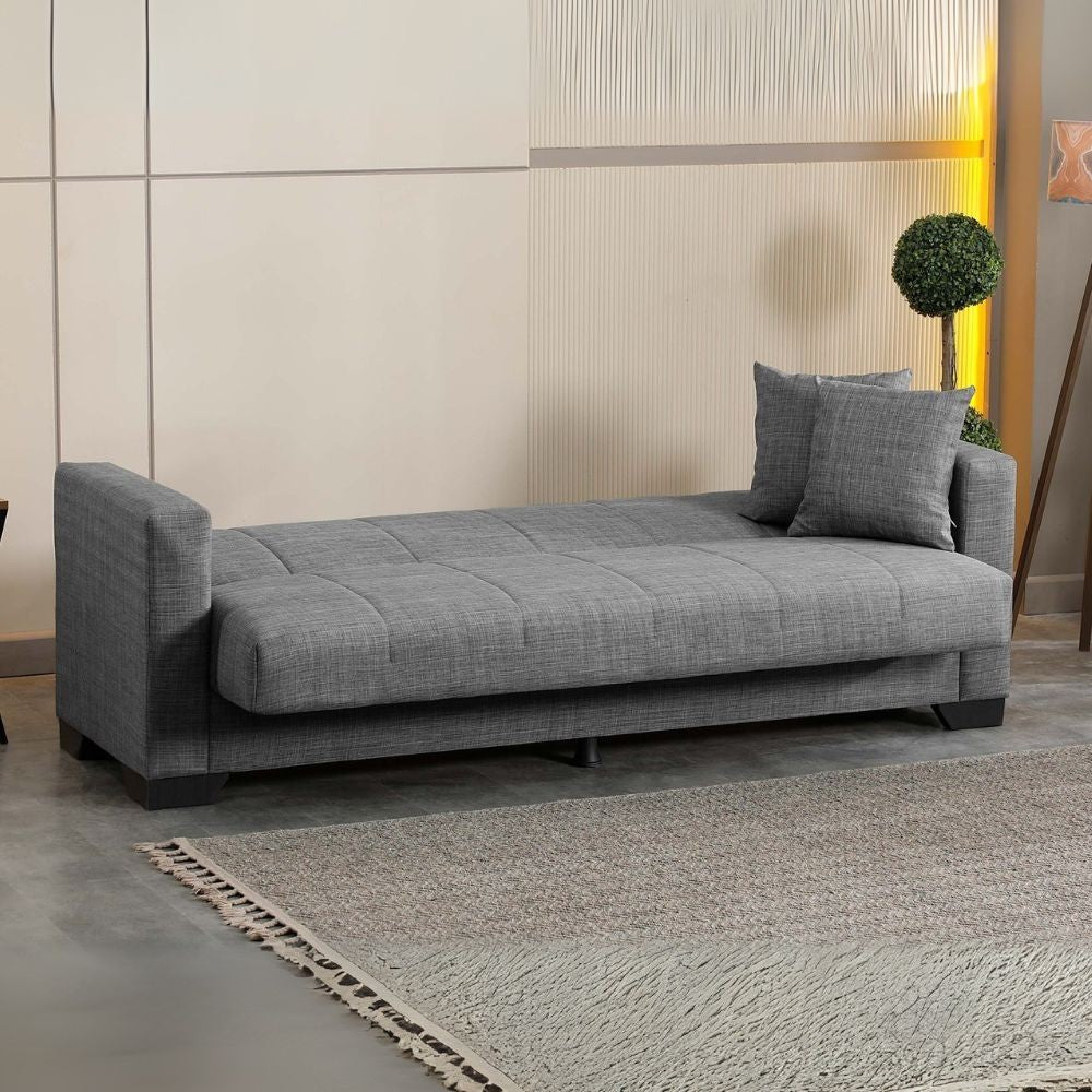 divano letto contenitore moon 3 posti in tessuto internobase 11 grigio, vista laterale per mostrare profondità e comfort